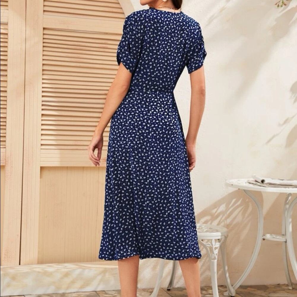 Boho blue polka dots button through slit dress - Picture 3 of 5